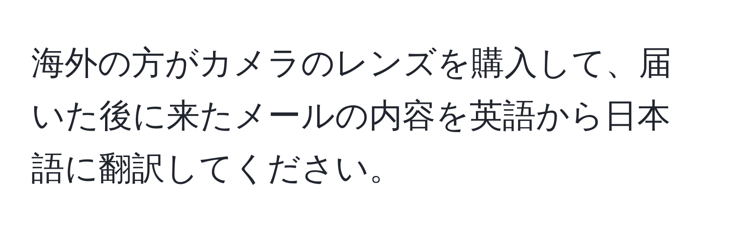 海外の方がカメラのレンズを購入して、届いた後に来たメールの内容を英語から日本語に翻訳してください。