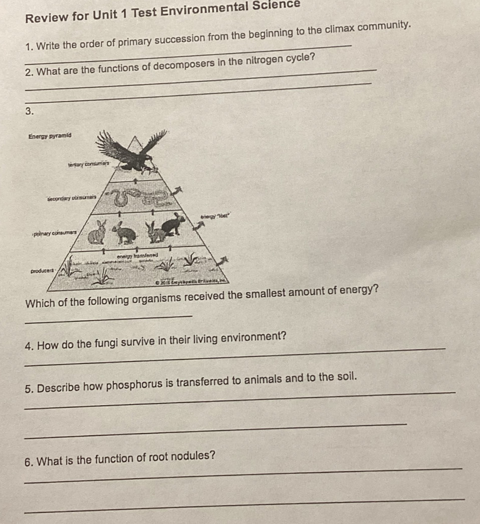 Review for Unit 1 Test Environmental Science 
_ 
1. Write the order of primary succession from the beginning to the climax community. 
_ 
2. What are the functions of decomposers in the nitrogen cycle? 
_ 
3. 
Which of the following organisms receivedsmallest amount of energy? 
_ 
_ 
4. How do the fungi survive in their living environment? 
_ 
5. Describe how phosphorus is transferred to animals and to the soil. 
_ 
_ 
6. What is the function of root nodules? 
_