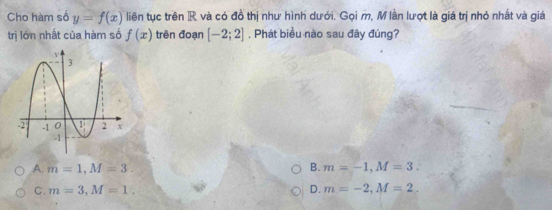 Cho hàm số y=f(x) liên tục trên R và có đồ thị như hình dưới. Gọi m, M lần lượt là giá trị nhỏ nhất và giá
trị lớn nhất của hàm số f(x) trên đoạn [-2;2]. Phát biểu nào sau đây đúng?
A. m=1, M=3. B. m=-1, M=3.
C. m=3, M=1. D. m=-2, M=2.