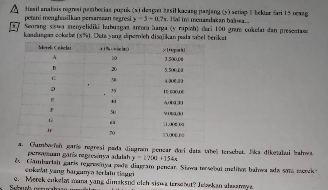 Hasil analisis regresi pemberian pupuk (x) dengan hasil kacang panjang (y) setiap 1 hektar fari 15 orang
petani menghasilkan persamaan regresi y=5+0,7x. Hal ini menandakan bahwa...
8.7 Seorang siswa menyelidiki hubungan antara harga (y rupiah) dari 100 gram cokelat dan presentase
kandungan cokelat (x%). Data yang diperoleh disajikan pada tabel berikut
Gambarlah garis regresi pada diagram pencar dari data tabel tersebut. Jika diketahui bahwa
persamaan garis regresinya adalah y=1700+154x
b. Gambarlah garis regresinya pada diagram pencar. Siswa tersebut melihat bahwa ada satu merek·
cokelat yang harganya terlalu tinggi
c. Merek cokelat mana yang dimaksud oleh siswa tersebut? Jelaskan alasannya