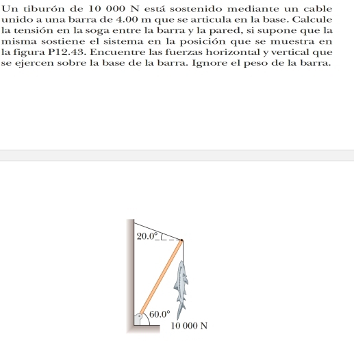 Un tiburón de 10 000 N está sostenido mediante un cable
unido a una barra de 4.00 m que se articula en la base. Calcule
la tensión en la soga entre la barra y la pared, si supone que la
misma sostiene el sistema en la posición que se muestra en
la figura P12.43. Encuentre las fuerzas horizontal y vertical que
se ejercen sobre la base de la barra. Ignore el peso de la barra.
20.0°
60.0°
10 000 N