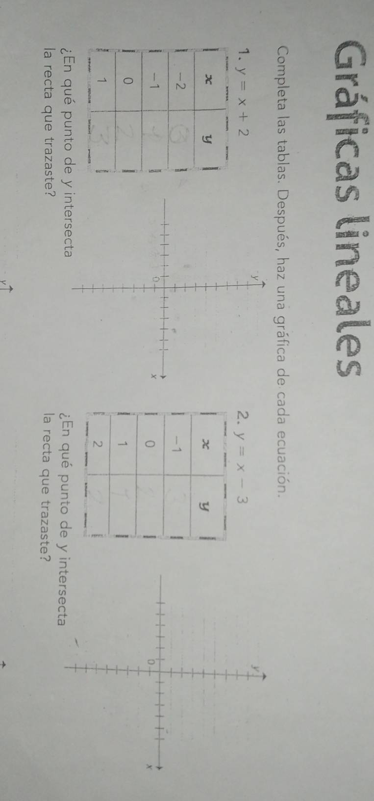 Gráficas lineales
Completa las tablas. Después, haz una gráfica de cada ecuación.
1. y=x+2 2. y=x-3
¿En qué punto de y ¿En qué punto de y i
la recta que trazaste? la recta que trazaste?