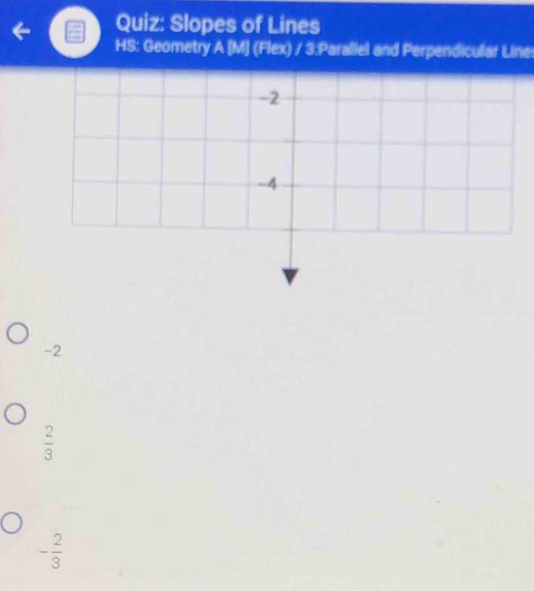 Slopes of Lines
HS: Geometry A [M] (Flex) / 3:Parallel and Perpendicular Line
-2
 2/3 
- 2/3 