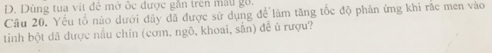 D. Dùng tua vít đê mở ốc được găn trên mẫu gồ.
Câu 20. Yếu tổ nào dưới dây đã được sử dụng để làm tăng tốc độ phản ứng khi rắc men vào
tinh bột dã dược nấu chín (cơm, ngô, khoai, sắn) đề ủ rượu?