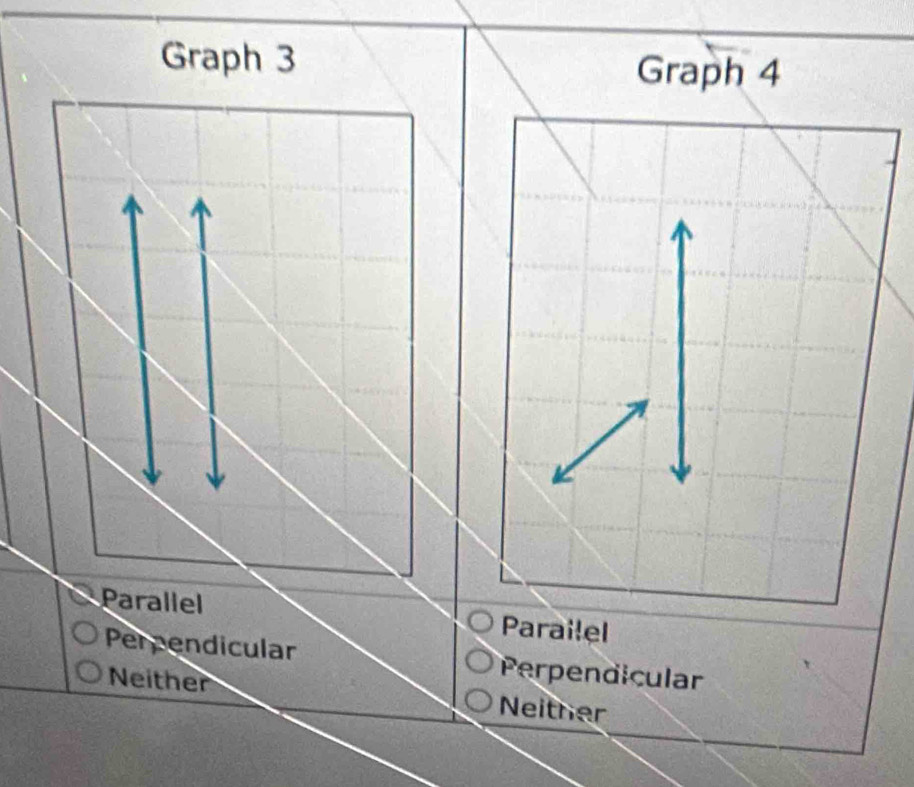 Graph 3
Graph 4
Parallel Parailel
Perpendicular Perpendicular
Neither Neitner