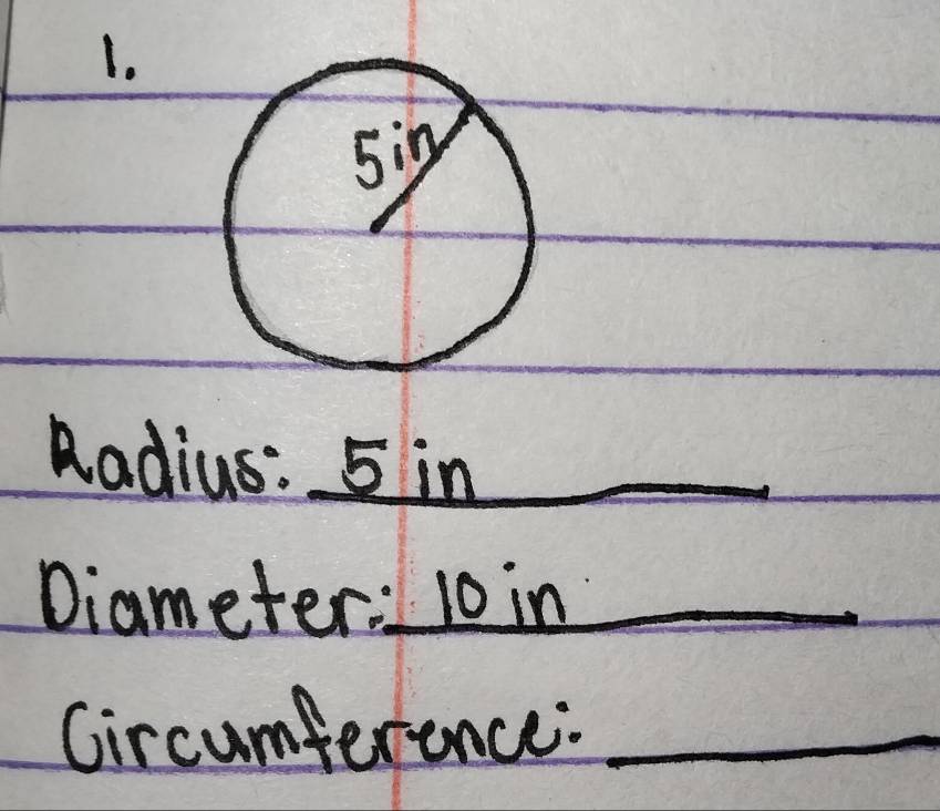 Radius: 5 in
Diameter: 10 in
_ 
Circumference:_