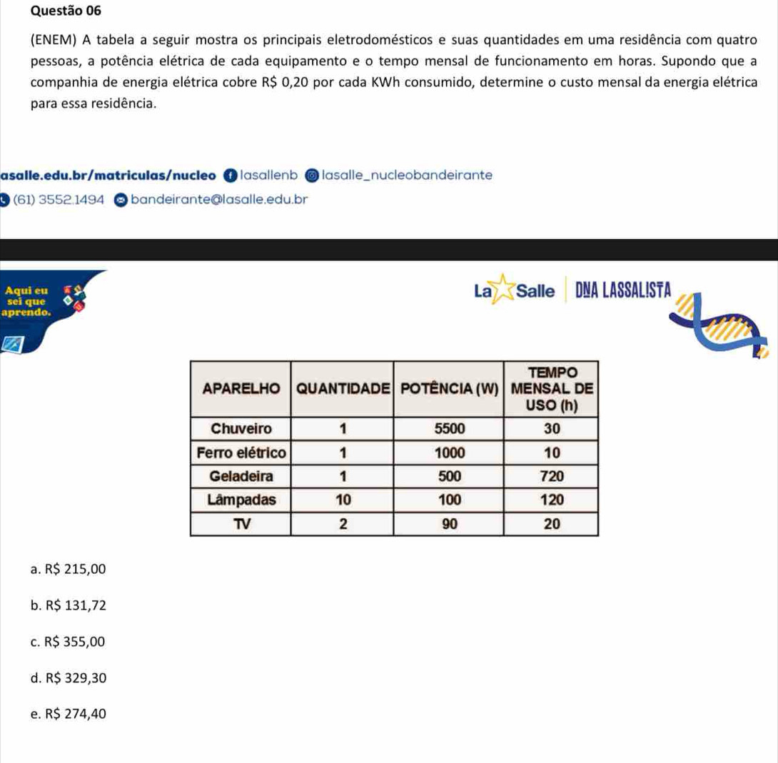 (ENEM) A tabela a seguir mostra os principais eletrodomésticos e suas quantidades em uma residência com quatro
pessoas, a potência elétrica de cada equipamento e o tempo mensal de funcionamento em horas. Supondo que a
companhia de energia elétrica cobre R$ 0,20 por cada KWh consumido, determine o custo mensal da energia elétrica
para essa residência.
asalle.edu.br/matriculas/nucleo 1 |asa||enb @ |asa||e_nucleobandeirante
(61) 3552, 1494 bandeirante@lasalle.edu.br
Aqui eu La Salle DNA LASSAL!STA
sei que
aprendo.
a. R$ 215,00
b. R$ 131,72
c. R$ 355,00
d. R$ 329,30
e. R$ 274,40