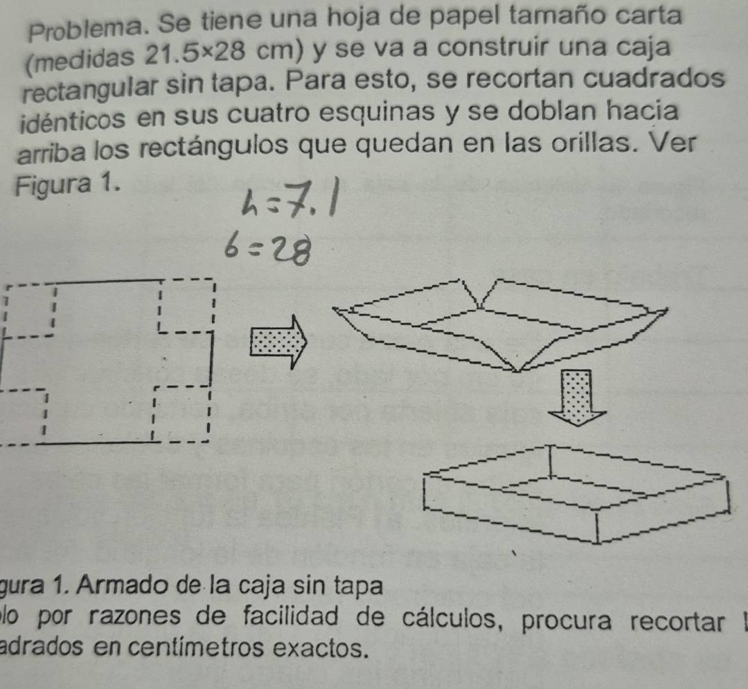 Problema. Se tiene una hoja de papel tamaño carta 
(medidas 21.5* 28cm) y se va a construir una caja 
rectangular sin tapa. Para esto, se recortan cuadrados 
idénticos en sus cuatro esquinas y se doblan hacia 
arriba los rectángulos que quedan en las orillas. Ver 
Figura 1. 
gura 1. Armado de la caja sin tapa 
olo por razones de facilidad de cálculos, procura recortar ' 
adrados en centímetros exactos.