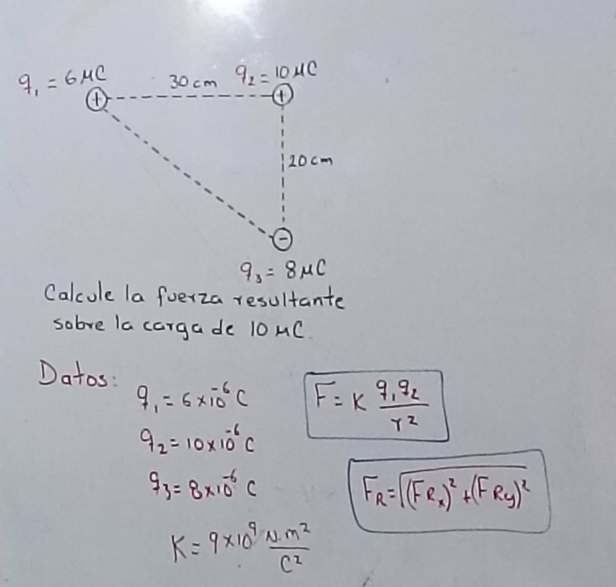 9_3=8mu C
Calcule la fuerza resultante
sobve la cargade 10 MC.
Datos:
q_1=6* 10^(-6)C
F=kfrac q_1q_2r^2
9_2=10* 10^(-6)C
g_3=8* 10^(-6)C
F_R=sqrt((FR_x))^2+(FR_y)^2
K=9* 10^9 N· m^2/C^2 