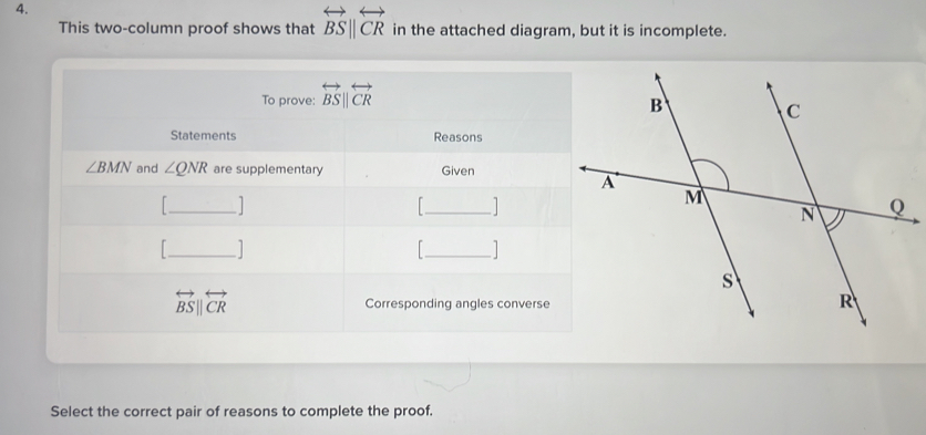 This two-column proof shows that overleftrightarrow BS||overleftrightarrow CR in the attached diagram, but it is incomplete. 
To prove: overleftrightarrow BS||overleftrightarrow CR
Statements Reasons
∠ BMN and ∠ QNR are supplementary Given 
_ 
_ 
_ 
_I
overleftrightarrow BS|| overleftrightarrow CR Corresponding angles converse 
Select the correct pair of reasons to complete the proof.