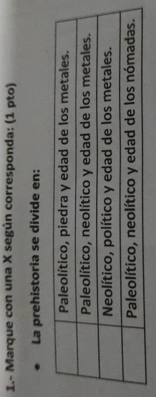 1.- Marque con una X según corresponda: (1 pto) 
La prehistoria se divide en: