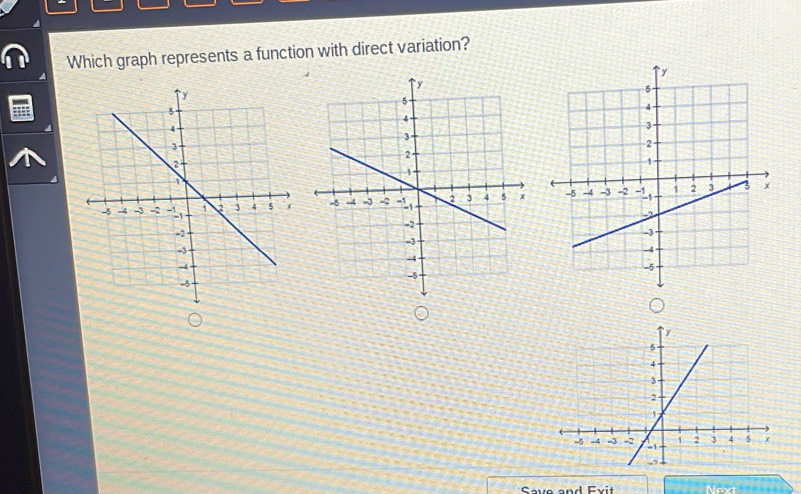 Which graph represents a function with direct variation? 

Save and Évit Next