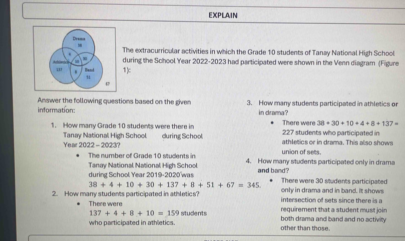 EXPLAIN
The extracurricular activities in which the Grade 10 students of Tanay National High School
during the School Year 2022-2023 had participated were shown in the Venn diagram (Figure
1):
Answer the following questions based on the given 3. How many students participated in athletics or
information: in drama?
1. How many Grade 10 students were there in There were 38+30+10+4+8+137=
227 students who participated in
Tanay National High School during School athletics or in drama. This also shows
Year 2022 - 2023? union of sets.
The number of Grade 10 students in
Tanay National National High School 4. How many students participated only in drama
and band?
during School Year 2019-2020’was There were 30 students participated
38+4+10+30+137+8+51+67=345. 
only in drama and in band. It shows
2. How many students participated in athletics? intersection of sets since there is a
There were requirement that a student must join
137+4+8+10=159 students both drama and band and no activity
who participated in athletics.
other than those.