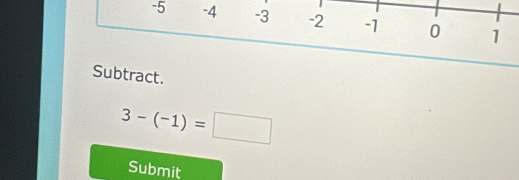 -5 -4
Subtract.
3-(-1)=□
Submit