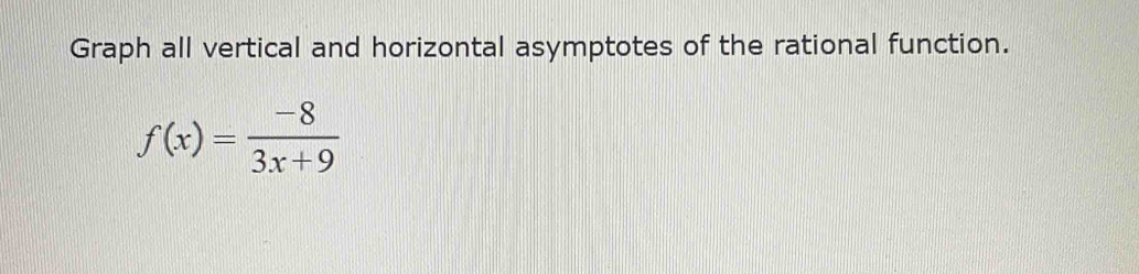 Graph all vertical and horizontal asymptotes of the rational function.
f(x)= (-8)/3x+9 