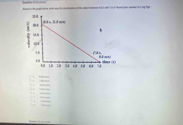 Questian 4 (20 points)
Based on the graph below, what was the acceleration of the object between 0.0 s and 7.0 s? Round your answer to 3 sig figs.
a 9.00 m/s/s
b 7.00 m/s/s
c -9 00 m/s/s
d 5.00 m/s/s
-5.00 m/s/s
1 3.00 m/s/s
g -3.00 m/s/s
h -7.00 m/s/s
Question 5 (20 pointa)