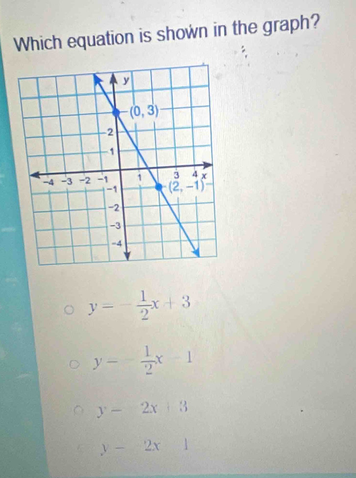 Which equation is shown in the graph?
y=- 1/2 x+3
y=- 1/2 x-1
y-2x+3
y-2x1