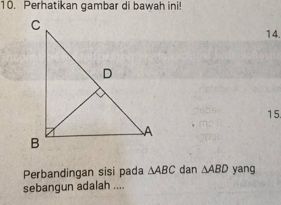 Perhatikan gambar di bawah ini! 
14. 
15. 
Perbandingan sisi pada △ ABC dan △ ABD yang 
sebangun adalah ....