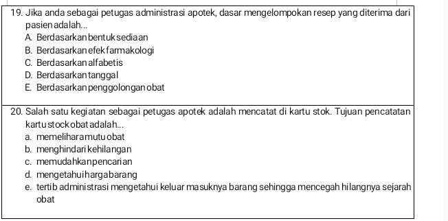 Jika anda sebagai petugas administrasi apotek, dasar mengelompokan resep yang diterima dari
pasien adalah...
A. Berd asark an bent uk sedia an
B. Berd as arkan efek farmakologi
C. Berdasarkan alfabetis
D. Berd asarkan tanggal
E. Berdasarkanpeng golon gan o bat
20. Salah satu kegiatan sebagai petugas apotek adalah mencatat di kartu stok. Tujuan pencatatan
kartu stock obat adalah.. .
a. memelihar a mutuo bat
b. menghindarikehilangan
c. memudahkanpencarian
d. meng etahuiharga barang
e. tertib administrasi mengetahui keluar masuknya barang sehingga mencegah hilangnya sejarah
obat