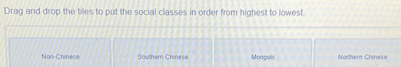 Drag and drop the tiles to put the social classes in order from highest to lowest.
Non-Chinese Southern Chinese Mongols Northern Chinese