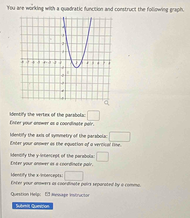 You are working with a quadratic function and construct the following graph. 
Identify the vertex of the parabola: □ 
Enter your answer as a coordinate pair. 
Identify the axis of symmetry of the parabola: □ 
Enter your answer as the equation of a vertical line. 
Identify the y-intercept of the parabola: □ 
Enter your answer as a coordinate pair. 
Identify the x-intercepts: □ 
Enter your answers as coordinate pairs separated by a comma. 
Question Help: Message instructor 
Submit Question