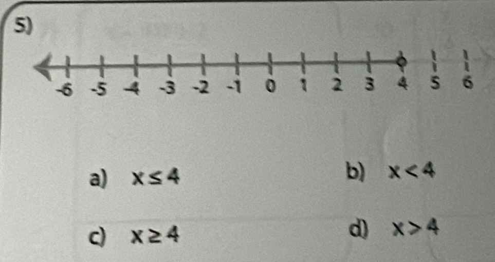 a) x≤ 4 b) x<4</tex>
c) x≥ 4 d) x>4