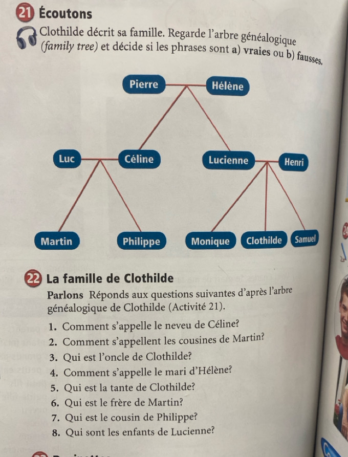 21 Écoutons 
Clothilde décrit sa famille. Regarde l’arbre généalogique 
(family tree) et décide si les phrases sont a) vraies ou b) fausses. 
La famille de Clothilde 
Parlons Réponds aux questions suivantes d^ après l'arbre 
généalogique de Clothilde (Activité 21). 
1. Comment S lappelle le neveu de Céline? 
2. Comment s’appellent les cousines de Martin? 
3. Qui est l’oncle de Clothilde? 
4. Comment s'appelle le mari d'Hélène? 
5. Qui est la tante de Clothilde? 
6. Qui est le frère de Martin? 
7. Qui est le cousin de Philippe? 
8. Qui sont les enfants de Lucienne?