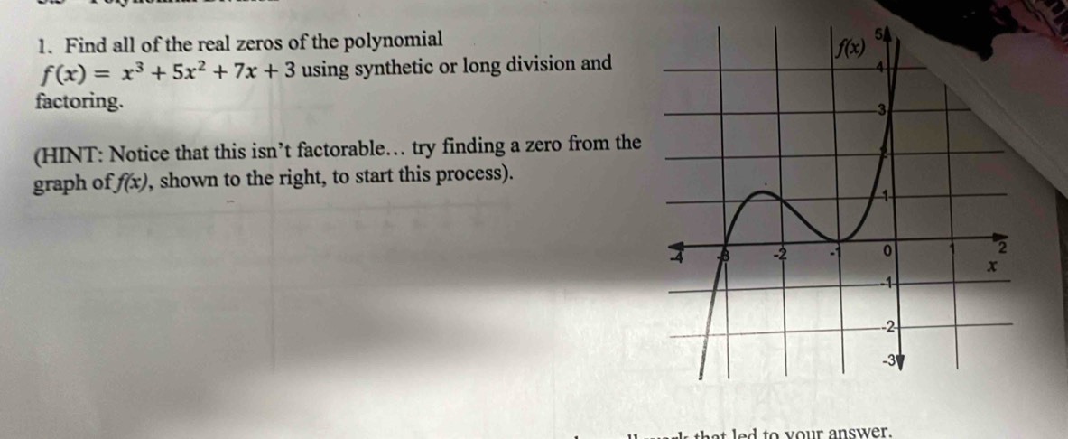 Find all of the real zeros of the polynomial
f(x)=x^3+5x^2+7x+3 using synthetic or long division and
factoring.
(HINT: Notice that this isn’t factorable… try finding a zero from the
graph of f(x) , shown to the right, to start this process).
t led to your answer.