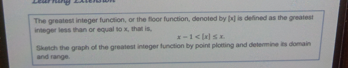 Solved: The greatest integer function, or the floor function, denoted ...