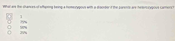 What are the chances of offspring being a homozygous with a disorder if the parents are heterozygous carriers?
1
75%
50%
25%