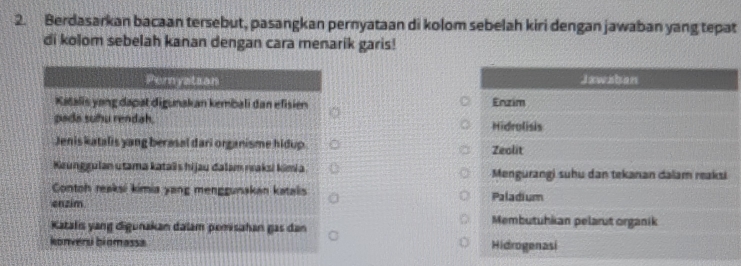 Berdasarkan bacaan tersebut, pasangkan pernyataan di kolom sebelah kiri dengan jawaban yang tepat
di kolom sebelah kanan dengan cara menarik garis!
Pernyatian Jawsban
Katalis yang dapat digunakan kembali dan efisien Enzim
pada suhu rendah. Hidrolisis
Jenis katalis yang berasal dari organisme hidup Zeolit
Keunggulan utama kataïis hijau dalam rraksi kimia Mengurangi suhu dan tekanan dalam reaksi
Contoh reaksi kimia yang menggunskan katalis
enzim Paladium
Katalis yang digunakan dalam pemisahan gas dan
Membutuhkan pelarut organik
konversi biomassa Hidrogenasi