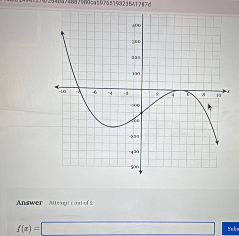 78/284ba74887980cab976519323541787d
x
Answer Attempt 1 out of 2
f(x)=□ Subn