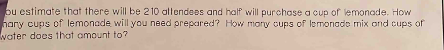 ou estimate that there will be 210 attendees and half will purchase a cup of lemonade. How 
hany cups of lemonade will you need prepared? How many cups of lemonade mix and cups of 
water does that amount to?