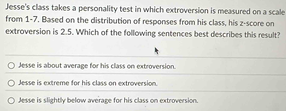 Solved: Jesse’s class takes a personality test in which extroversion is ...