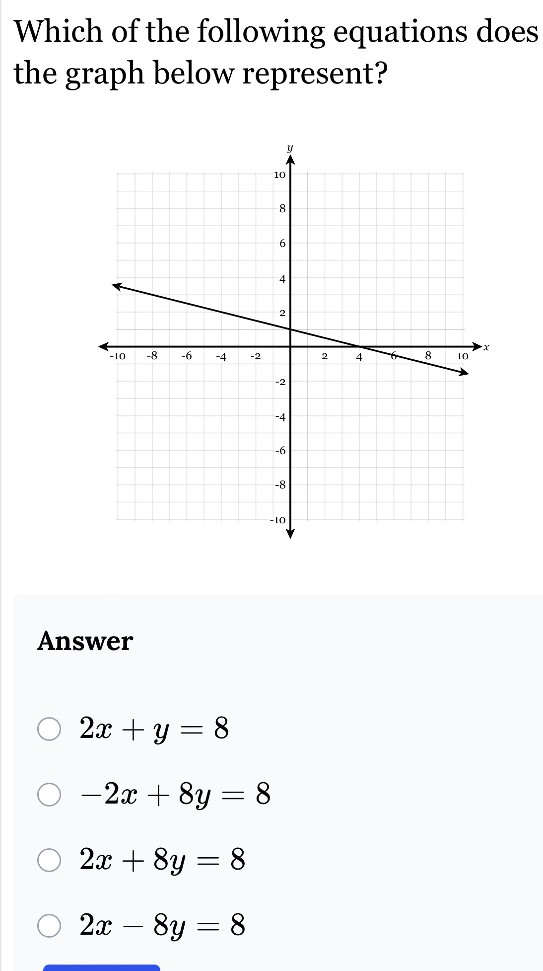 Which of the following equations does
the graph below represent?
Answer
2x+y=8
-2x+8y=8
2x+8y=8
2x-8y=8