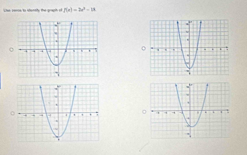 Use zercs to idently the graph of f(x)=2x^2-18