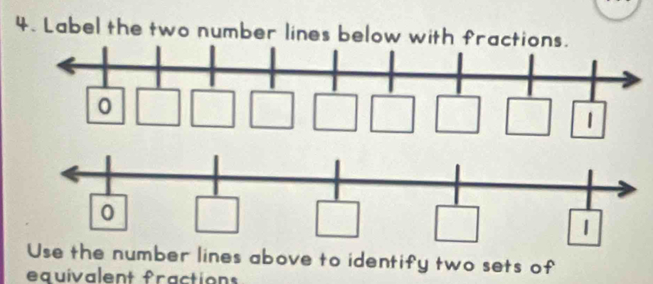 Label the two number lines below with fractions.
0
□
□
□
Use the number lines above to identify two sets of
equivalent fractions