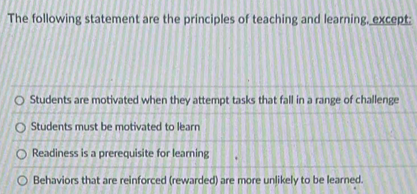 The following statement are the principles of teaching and learning, except:
Students are motivated when they attempt tasks that fall in a range of challenge
Students must be motivated to learn
Readiness is a prerequisite for learning
Behaviors that are reinforced (rewarded) are more unlikely to be learned.