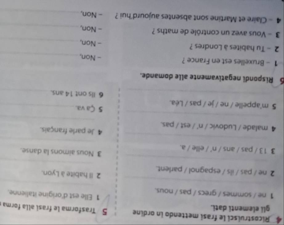 Ricostruisci le frasi mettendo in ordine 5 Trasforma le frasi alla forma 
gli elementi dati. 
1 Elle est d'origine italienne. 
1 ne / sommes / grecs / pas / nous. 
_ 
_ 
2 Il habite à Lyon. 
_ 
2 ne / pas / ils / espagnol / parlent. 
_ 
_ 
3 Nous aimons la danse. 
_ 
3 13 / pas / ans / n' / elle / a. 
_ 
_ 
__ 
4 Je parle français. 
_ 
4 malade / Ludovic / n' / est / pas. 
_ 
_ 
5 m'appelle / ne / je / pas / Léa. 
5 Ça va._ 
_ 
6 lls ont 14 ans._ 
6 Rispondi negativamente alle domande. 
1 - Bruxelles est en France ? - Non,_ 
2 - Tu habites à Londres ? - Non,_ 
3 - Vous avez un contrôle de maths ? - Non,_ 
4 - Claire et Martine sont absentes aujourd’hui? - Non,_