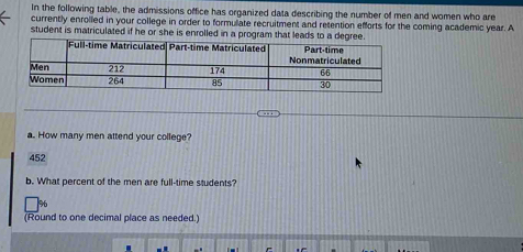 In the following table, the admissions office has organized data describing the number of men and women who are 
currently enrolled in your college in order to formulate recruitment and retention efforts for the coming academic year. A 
student is matriculated if he or she is enrolled in a program that leads to a degree 
a.. How many men attend your college? 
452 
b. What percent of the men are full-time students? 
(Round to one decimal place as needed.)