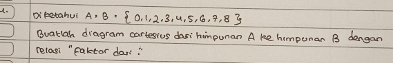 Diketahui A=B= 0,1,2,3,4,5,6,7,8
Buatlah diagram cartesius darihimpunan A ke himpunan B dengan 
relagi "faktor dar: "