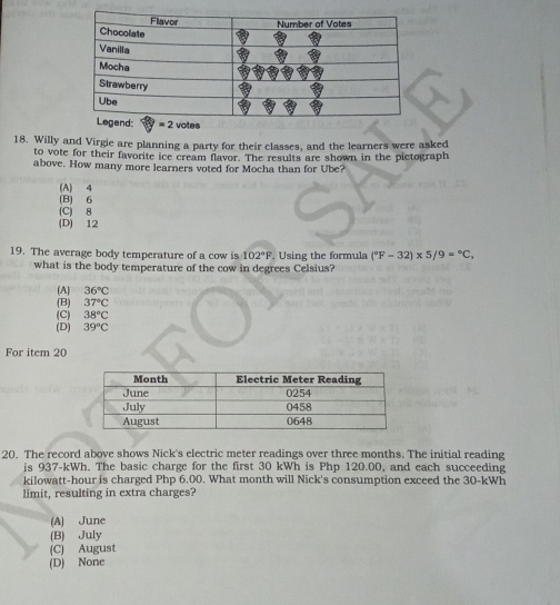 Willy and Virgie are planning a party for their classes, and the learners were asked
to vote for their favorite ice cream flavor. The results are shown in the pictograph
above. How many more learners voted for Mocha than for Ube?
(A) 4
(B) 6
(C) 8
(D) 12
19. The average body temperature of a cow is 102°F. Using the formula (^circ F-32)* 5/9=^circ C, 
what is the body temperature of the cow in degrees Celsius?
(A) 36°C
(B) 37°C
(C) 38°C
(D) 39°C
For item 20
20. The record above shows Nick's electric meter readings over three months. The initial reading
is 937-kWh. The basic charge for the first 30 kWh is Php 120.00, and each succeeding
kilowatt-hour is charged Php 6.00. What month will Nick's consumption exceed the 30-kWh
limit, resulting in extra charges?
(A) June
(B) July
(C) August
(D) None