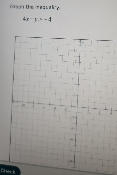 Graph the inequality.
4x-y>-4
6
Check