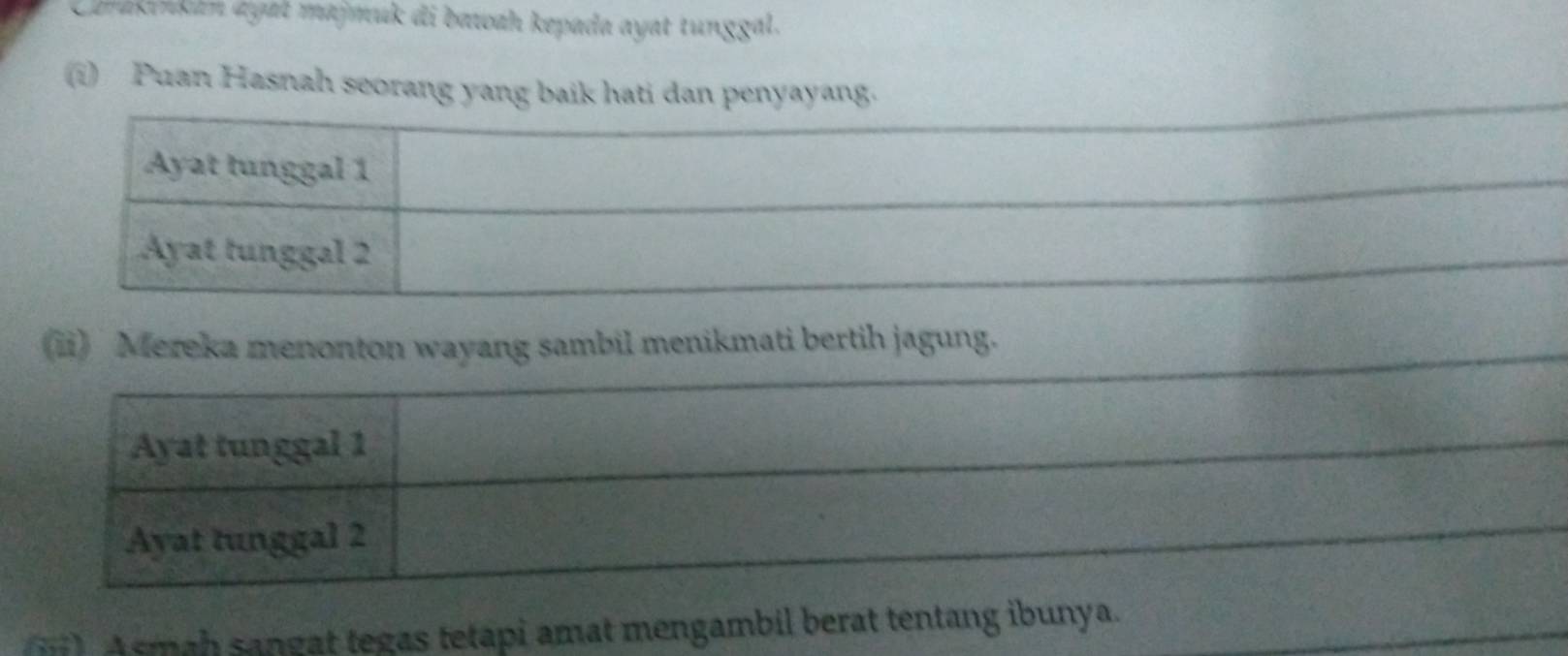 Chrakıkán ayał majmuk di bawah kepada ayat tunggal.
(i) Puan Hasnah seorang yang baik hati dan penyayang.
(ii) Mereka menonton wayang sambil menikmati bertih jagung.
A smah sangat tegas tetapi amat mengambil berat tentang ibunya.