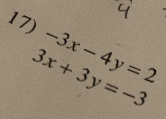 -3x-4y=2
3x+3y=-3