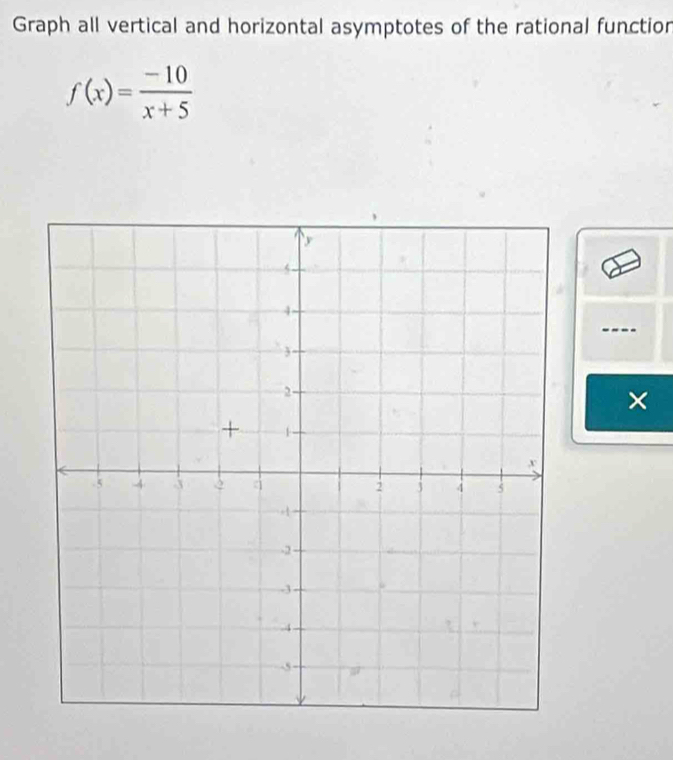 Graph all vertical and horizontal asymptotes of the rational functior
f(x)= (-10)/x+5 
×