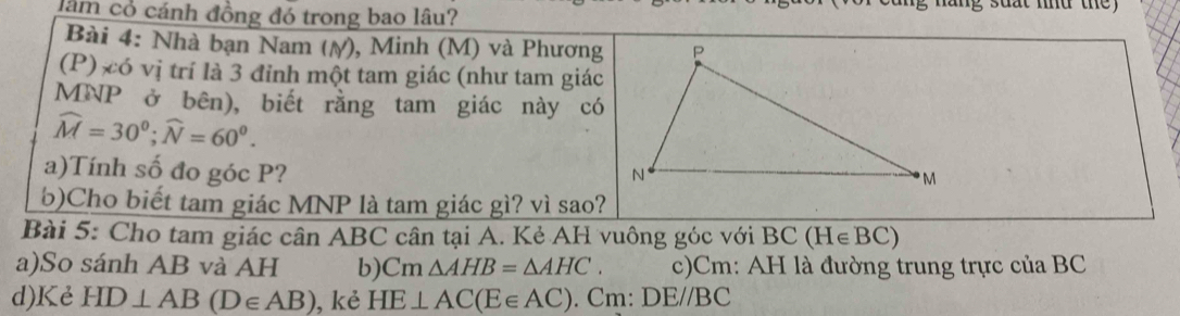 lầm có cánh đồng đó trong bao lâu? ing suat nhd the 
Bài 4: Nhà bạn Nam (/), Minh (M) và Phương 
(P) xó vị trí là 3 đỉnh một tam giác (như tam giác 
MNP ở bên), biết rằng tam giác này có
widehat M=30^0; widehat N=60^0. 
a)Tính số đo góc P? 
b)Cho biết tam giác MNP là tam giác gì? vì sao? 
Bài 5: Cho tam giác cân ABC cân tại A. Kẻ AH vuông góc với BC(H∈ BC)
a)So sánh AB và AH b) Cm△ AHB=△ AHC. c) Cm : AH là đường trung trực của BC
d)Kẻ HD⊥ AB(D∈ AB) , kẻ HE⊥ AC(E∈ AC). Cm: DE//BC