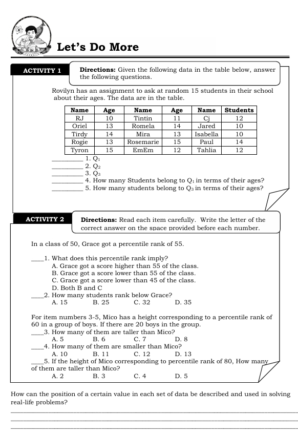 Let's Do More
ACTIVITY 1 Directions: Given the following data in the table below, answer
the following questions.
Rovilyn has an assignment to ask at random 15 students in their school
about their ages. The data are in the table.
_1. Q
_2. Q₂
_3. Q₃
_4. How many Students belong to Q₁ in terms of their ages?
_5. How many students belong to Q₃ in terms of their ages?
ACTIVITY 2 Directions: Read each item carefully. Write the letter of the
correct answer on the space provided before each number.
In a class of 50, Grace got a percentile rank of 55.
_1. What does this percentile rank imply?
A. Grace got a score higher than 55 of the class.
B. Grace got a score lower than 55 of the class.
C. Grace got a score lower than 45 of the class.
D. Both B and C
_2. How many students rank below Grace?
A. 15 B. 25 C. 32 D. 35
For item numbers 3-5, Mico has a height corresponding to a percentile rank of
60 in a group of boys. If there are 20 boys in the group.
_3. How many of them are taller than Mico?
A. 5 B. 6 C. 7 D. 8
_4. How many of them are smaller than Mico?
A. 10 B. 11 C. 12 D. 13
_5. If the height of Mico corresponding to percentile rank of 80, How many
of them are taller than Mico?
A. 2 B. 3 C. 4 D. 5
How can the position of a certain value in each set of data be described and used in solving
real-life problems?
_
_
_