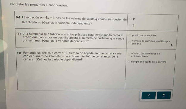 Contestar las preguntas a continuación.
× 5