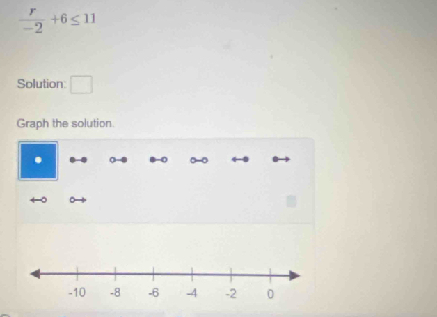  r/-2 +6≤ 11
Solution: 
Graph the solution. 
. 
。